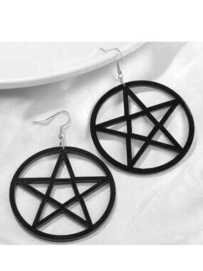 Earrings Black Pentagram Star Circular Dangle Exaggerated Pagan Wicca Astrology
